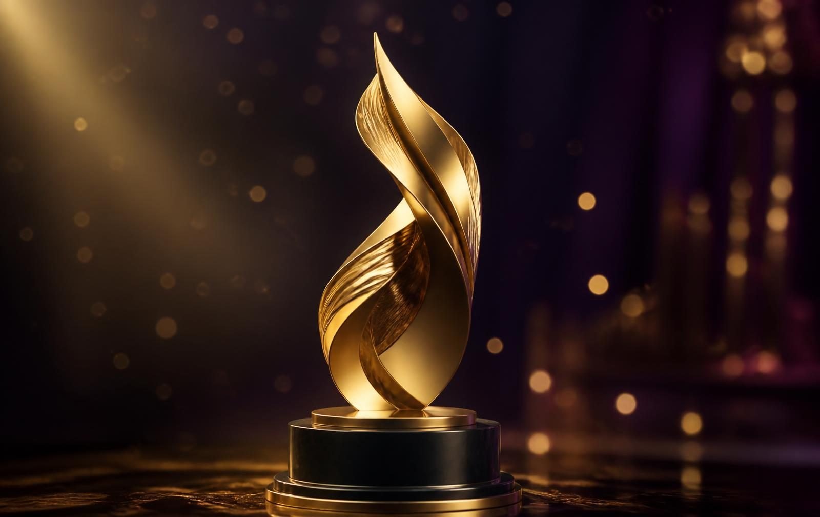 An elegant golden awards trophy glowing under warm light